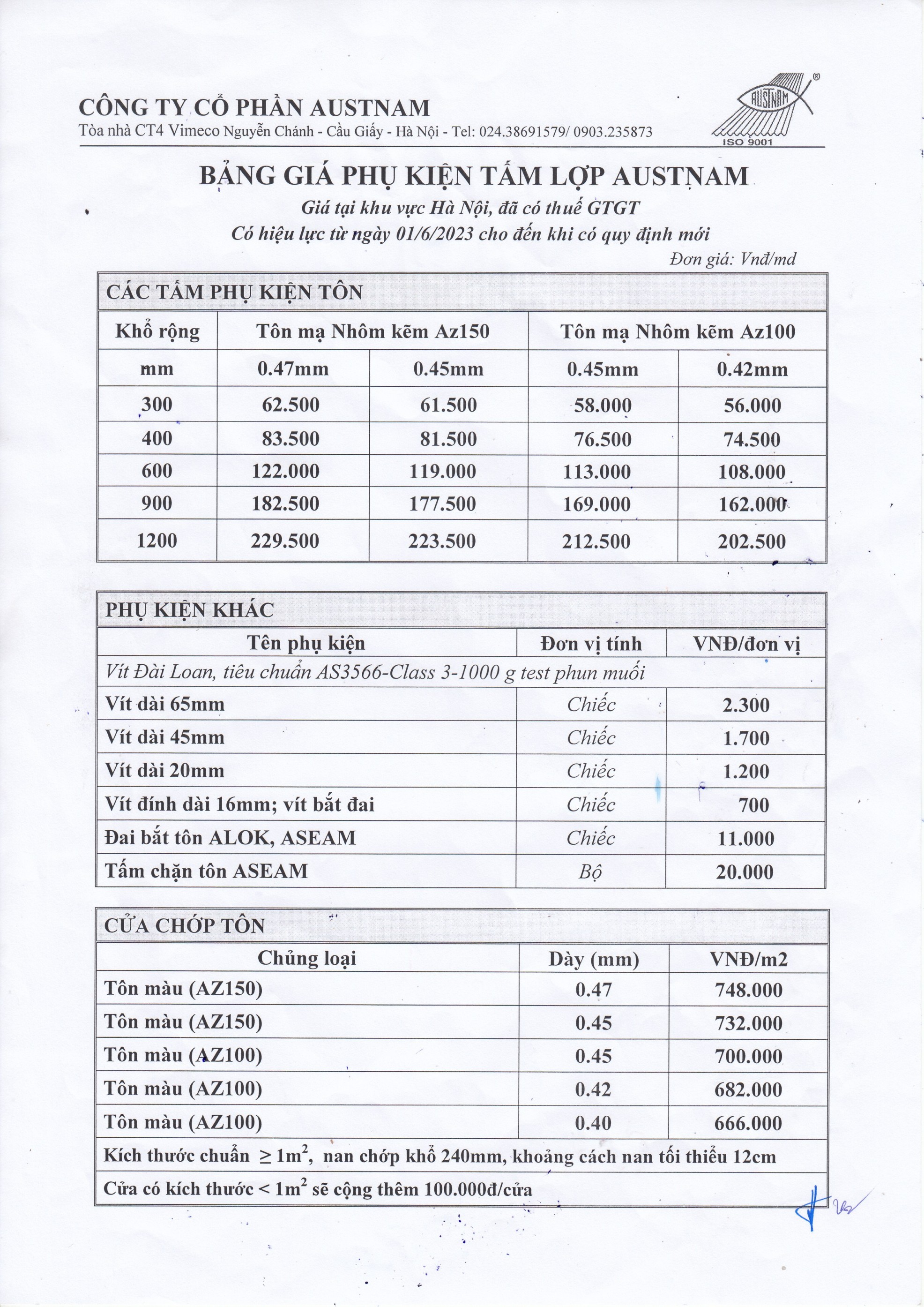 Bảng giá phụ kiện tấm lợp AUSTNAM