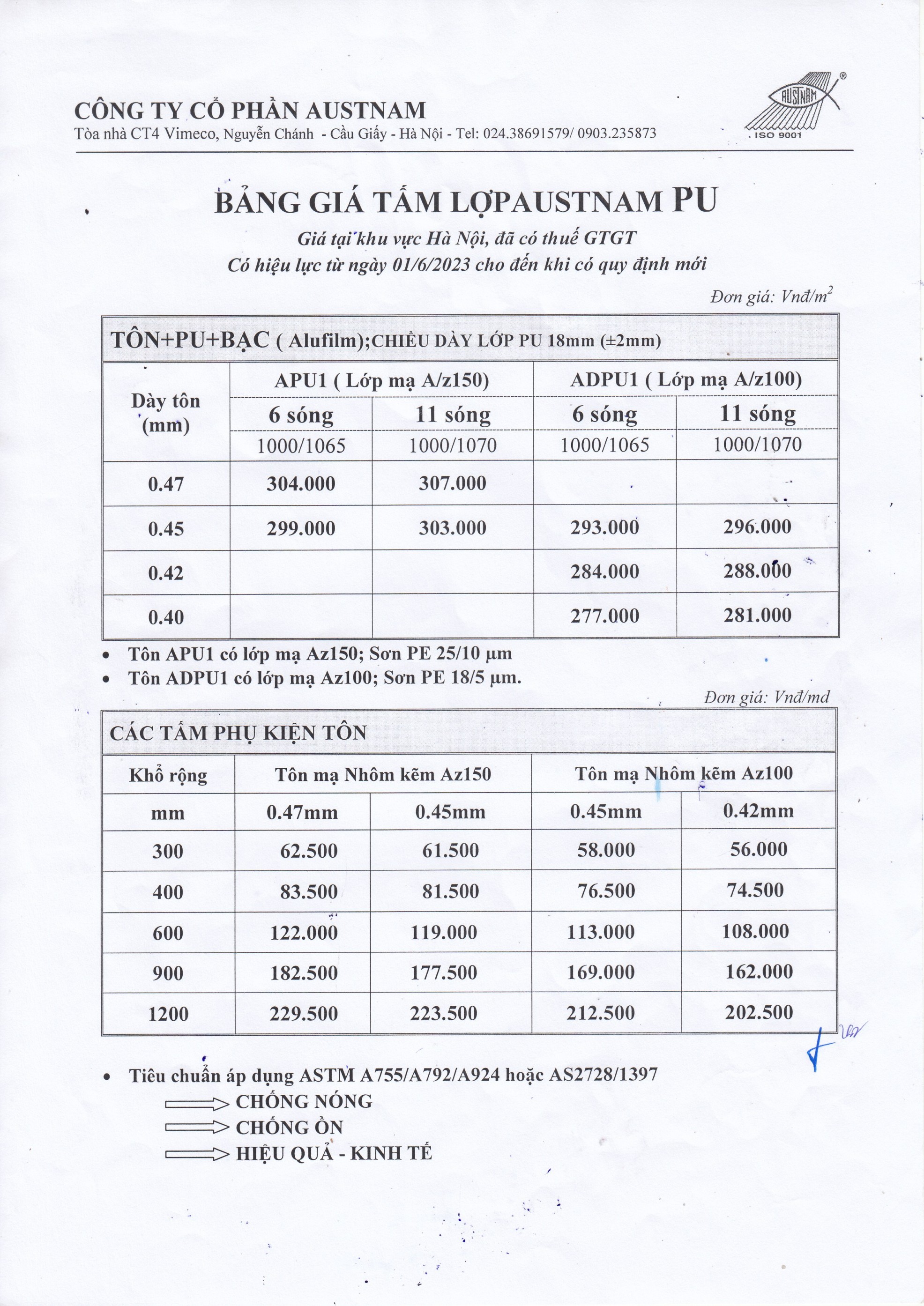Bảng giá tấm lợp cách nhiệt AUSTNAM