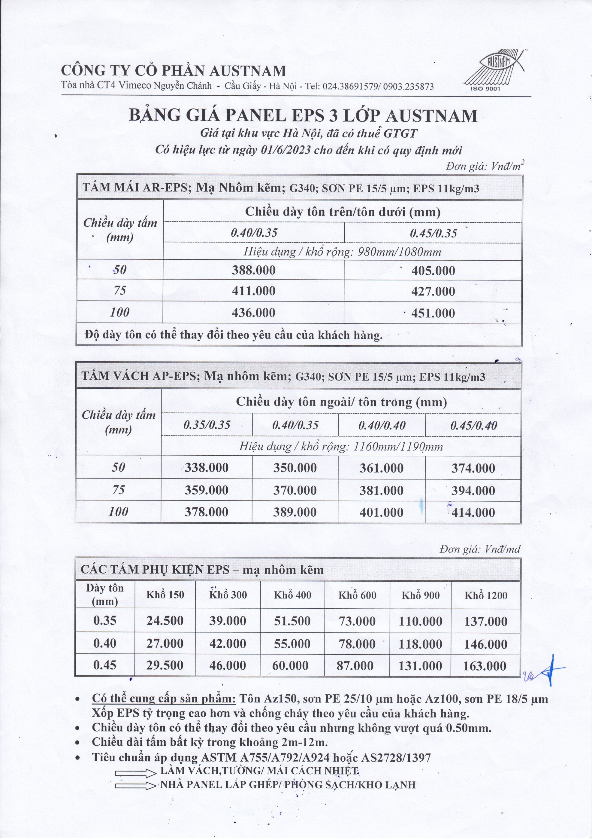 Bảng giá Panel EPS 3 lớp AUSTNAM