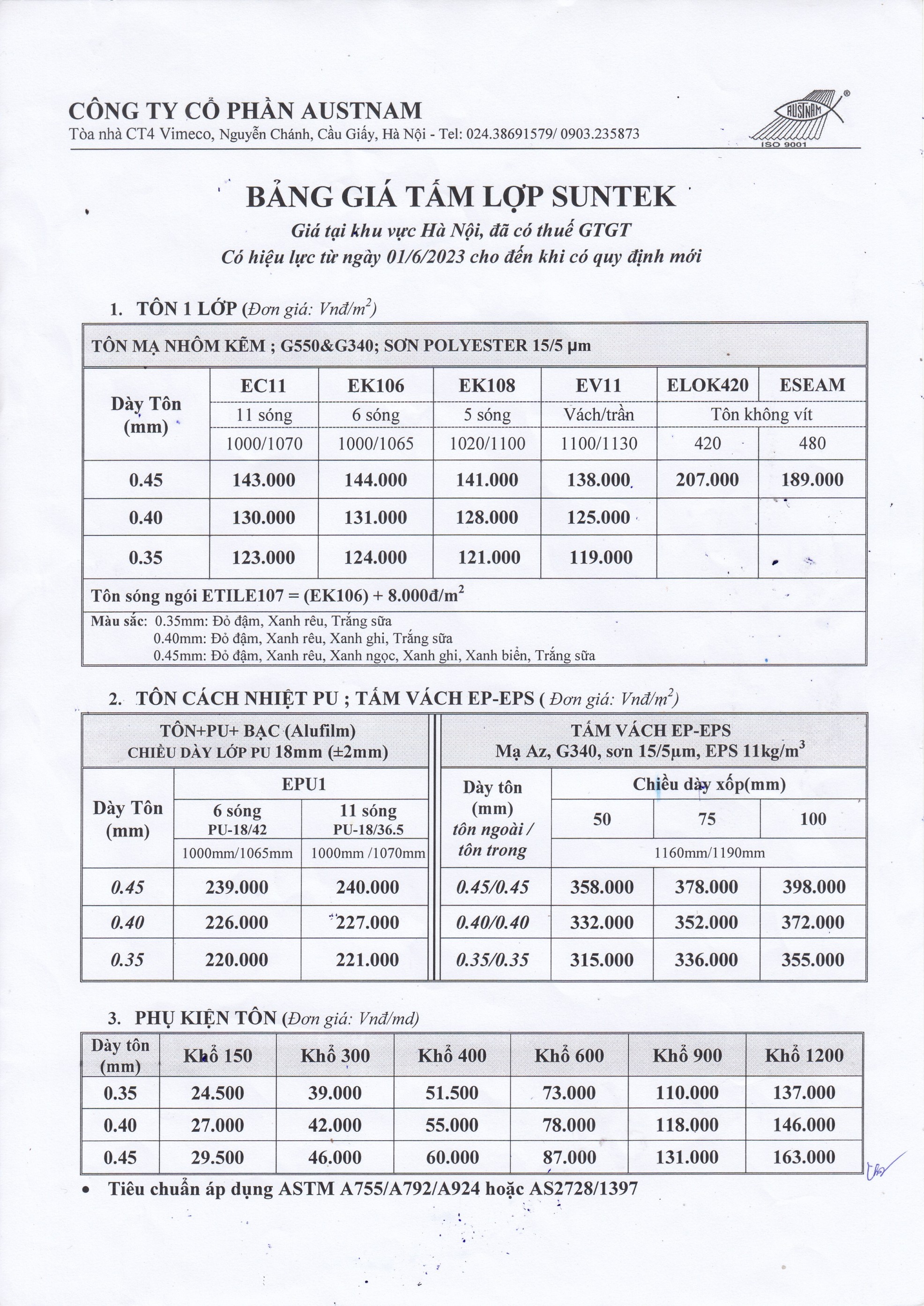 Bảng giá tôn SUNTEK